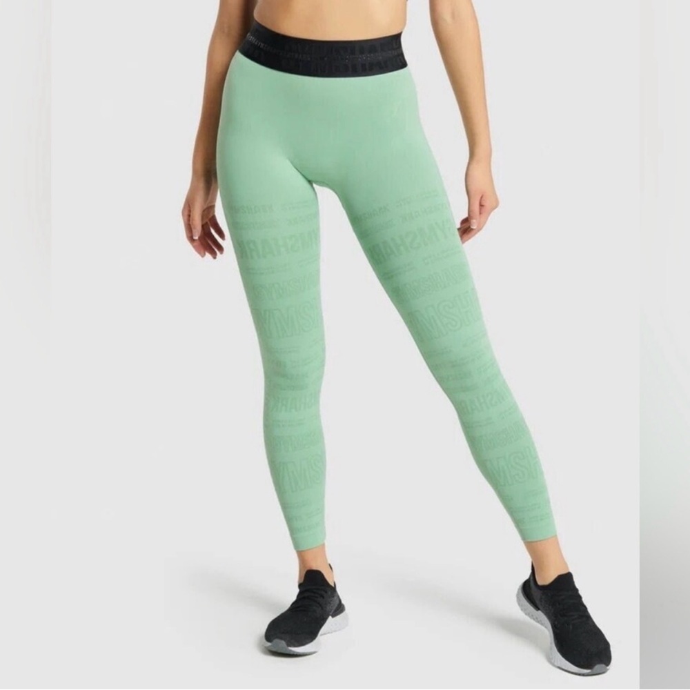 Gymshark Light Green and Black Leggings with Elastic Waistband